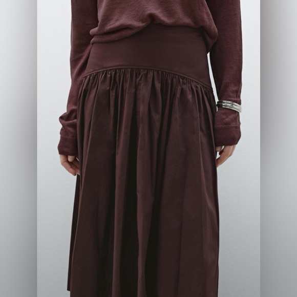 Massimo Dutti Skirt w Yoke Detail | Chocolate 100% Cotton Midi. Quiet Luxury NWT - Picture 2 of 12
